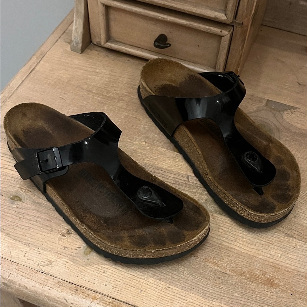 Birkenstock Gizeh Birko-Flor Thong Sandals Black Patent Leather Size 39 Buckle